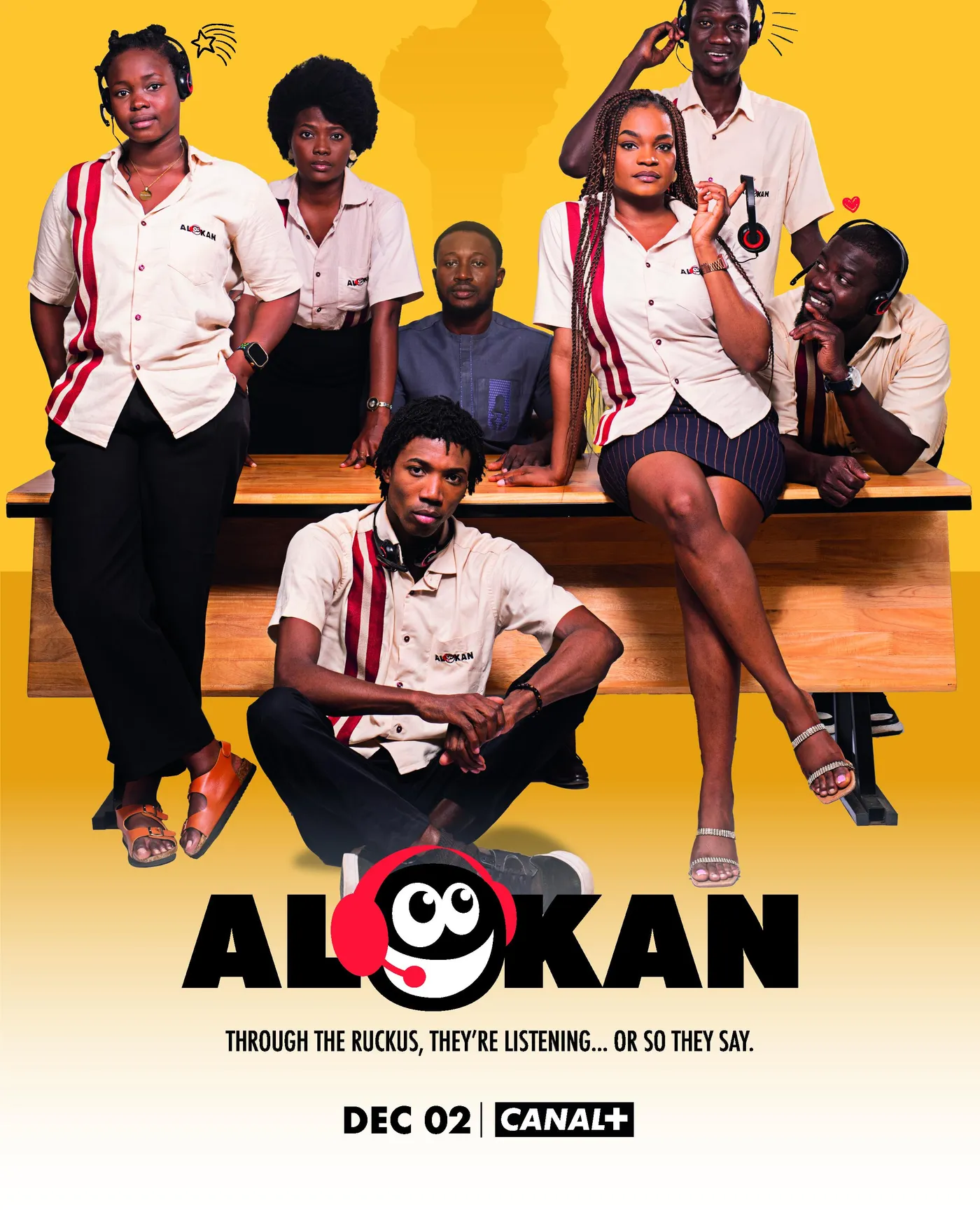 Affiche de la série Alokan : l'équipe du centre d'appels en uniforme, sur fond jaune